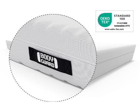 Zoom on the BODYGUARD lettering on the handle to turn the BODYGUARD Mattress. Next to it the test seal OEKO-TEX 100.